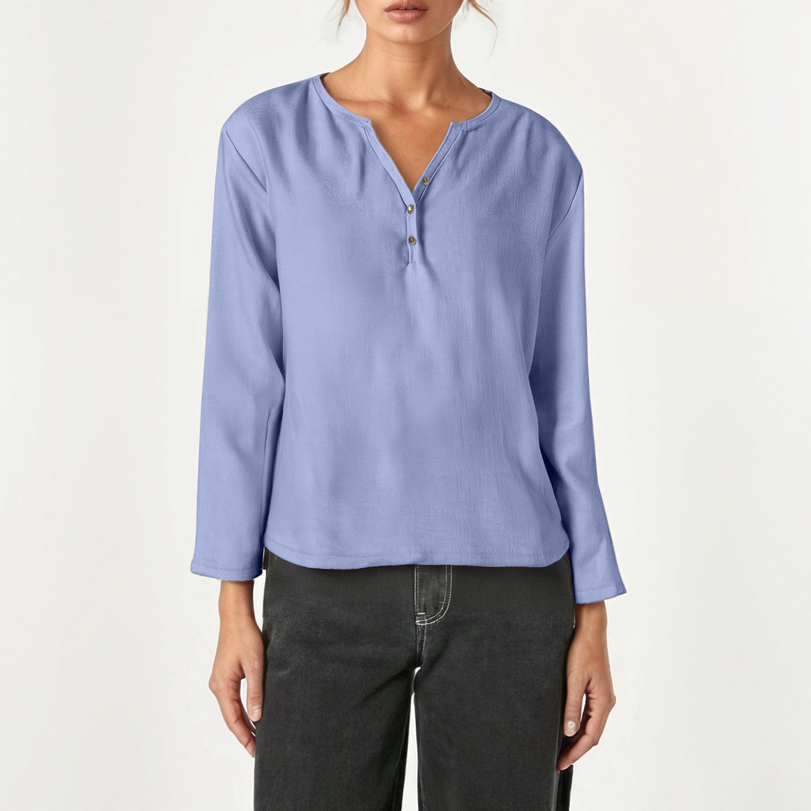 thumbnail image 2 of Camiseta informal de manga larga y cuello en V - Elegante cuello en V, color versátil, tejido cómodo, 2 of 5